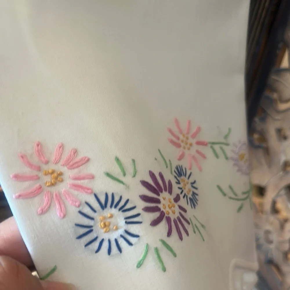 Vintage Pair of Floral Hand Embroidered Linen King Scalloped Edge Pillowcases.